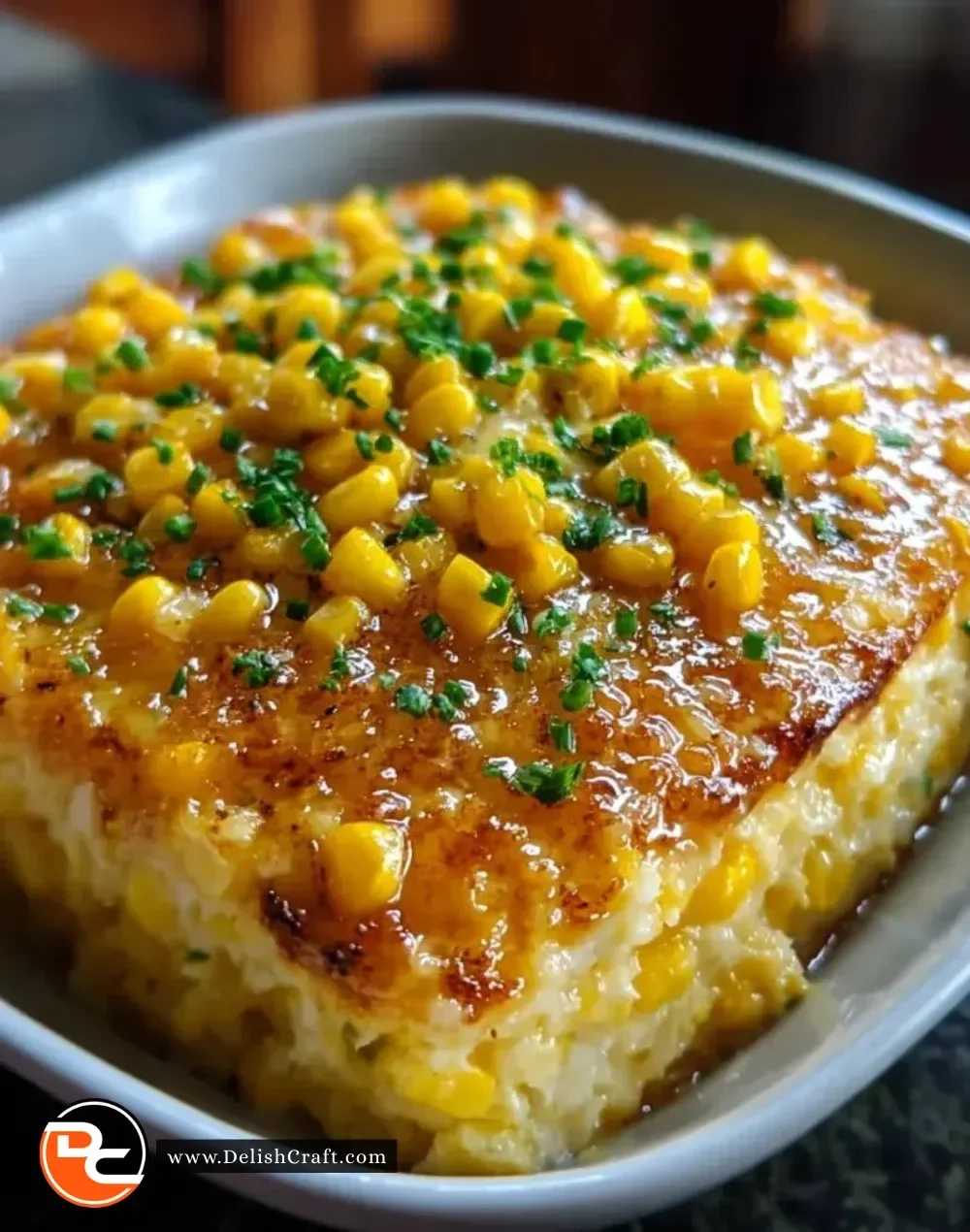 Honey-Glazed Corn Casserole dish ready to serve