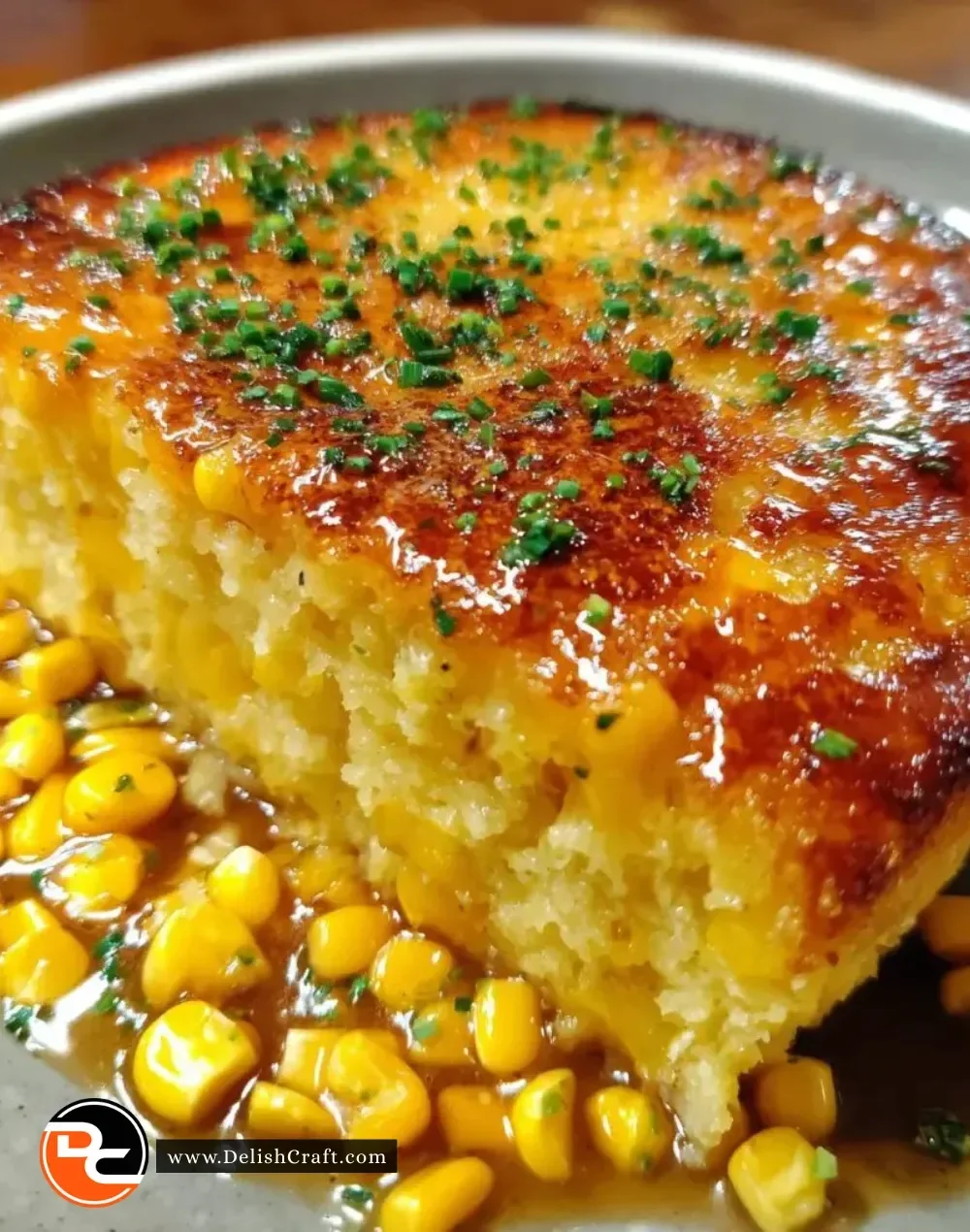 Honey glazed corn casserole dish with a golden topping