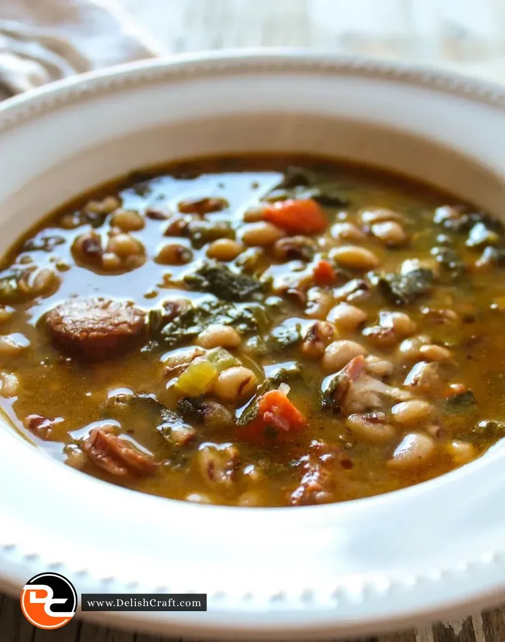 Bowl of Instant Pot black eyed pea soup with fresh herbs.