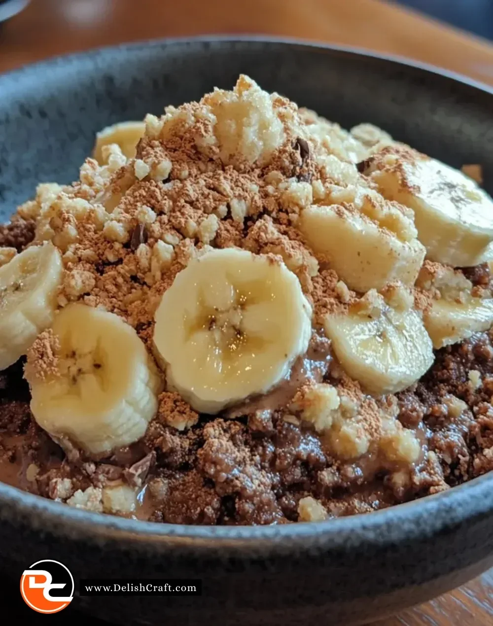 Deliciously baked banana cocoa crumble topped with a rich chocolate layer.