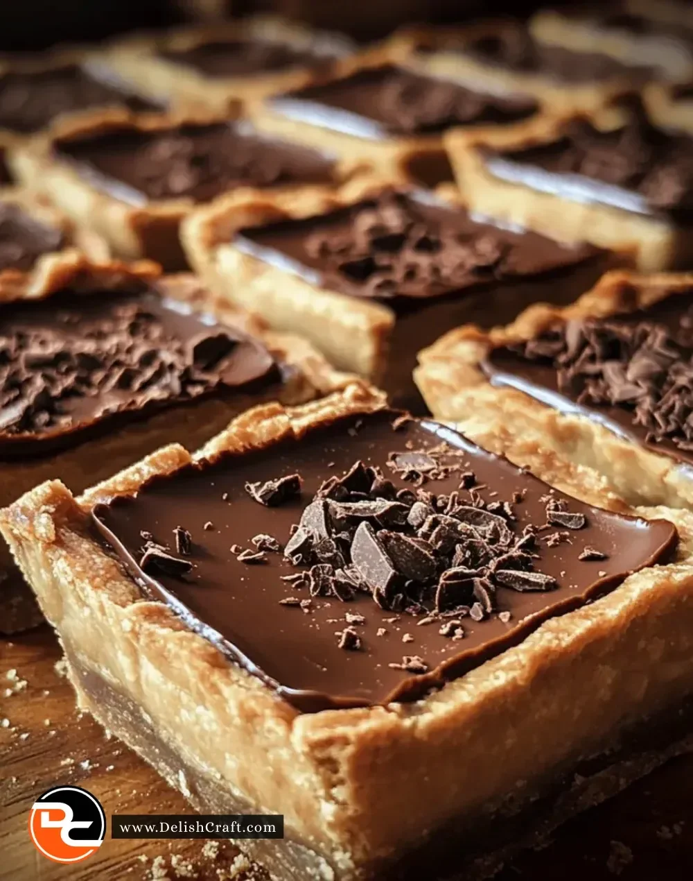 Decadent Chocolate Espresso Tart Squares plated with a chocolate drizzle.