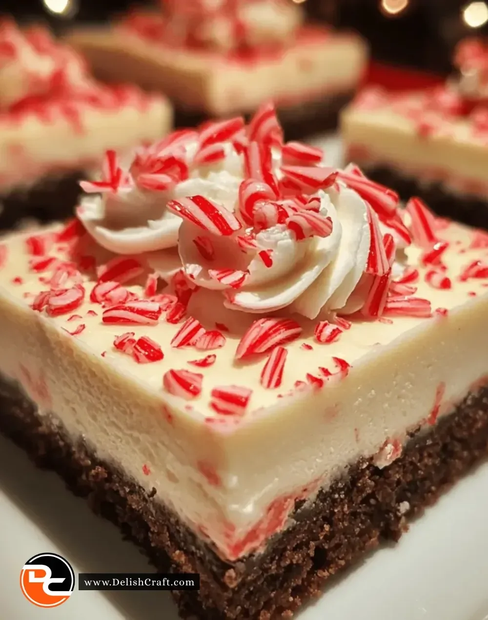 Delicious Christmas peppermint cheesecake bars topped with crushed candy canes.