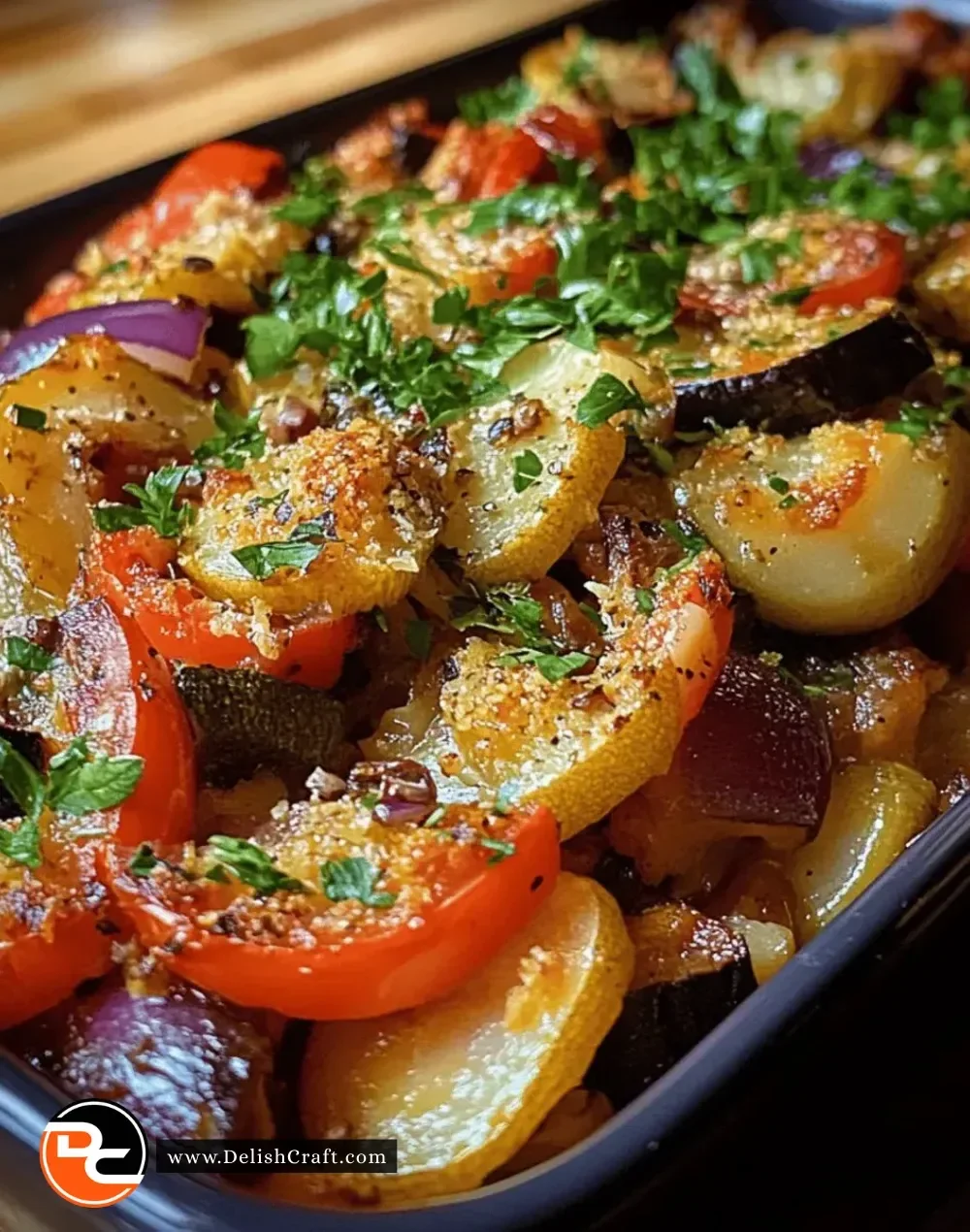 Irresistible Mediterranean Veggie Bake with colorful vegetables and herbs