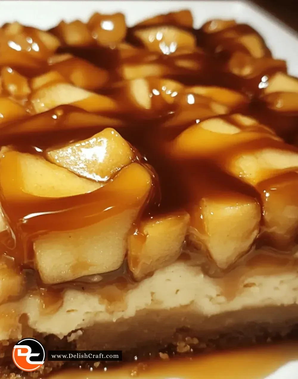 Slice of salted caramel apple cheesecake bars on a plate