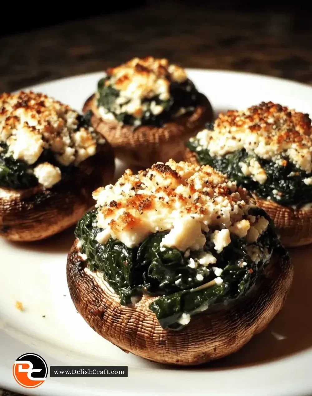 Delicious spinach and feta stuffed mushrooms on a plate