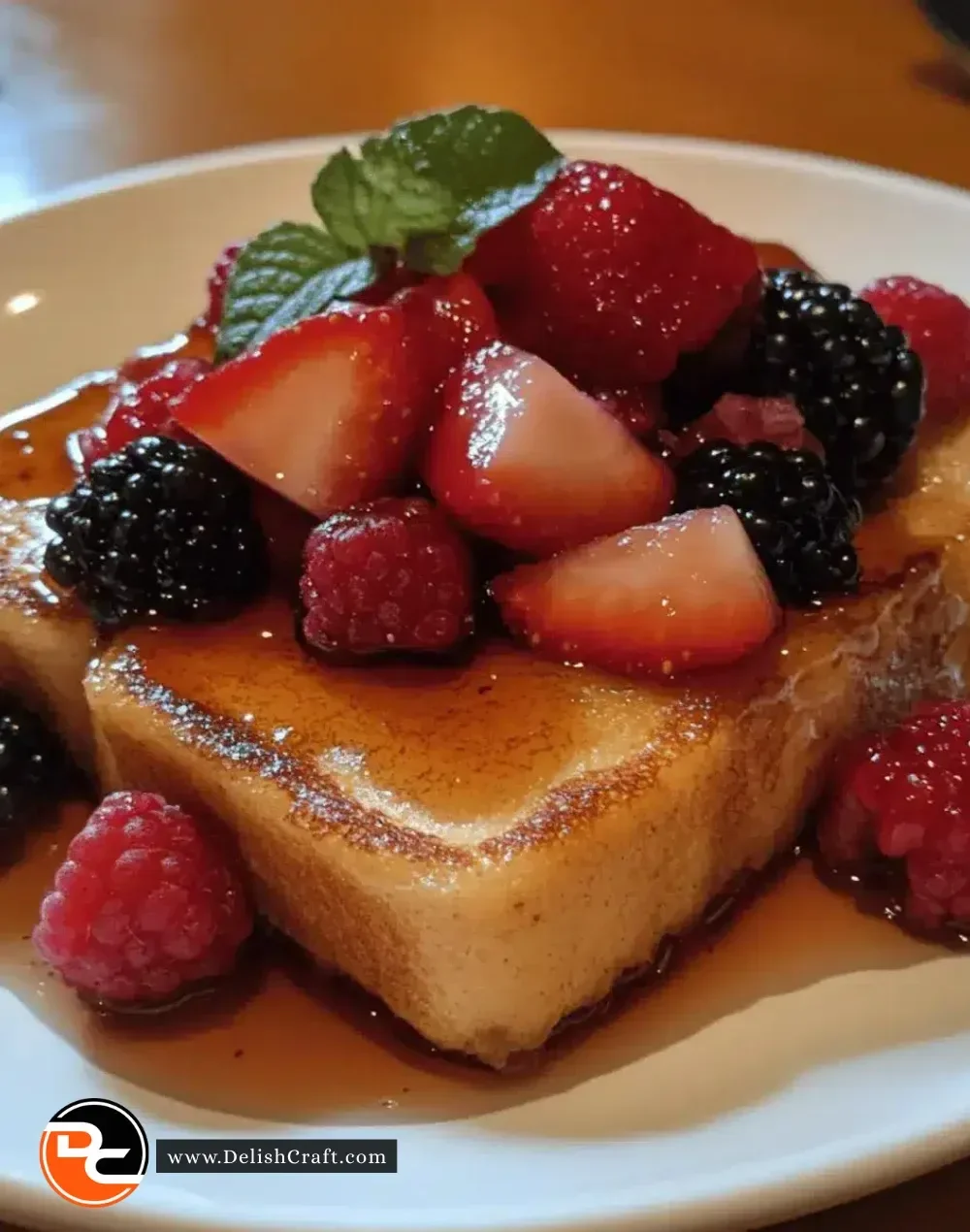 Delicious Sweet Berry French Toast topped with fresh berries and syrup