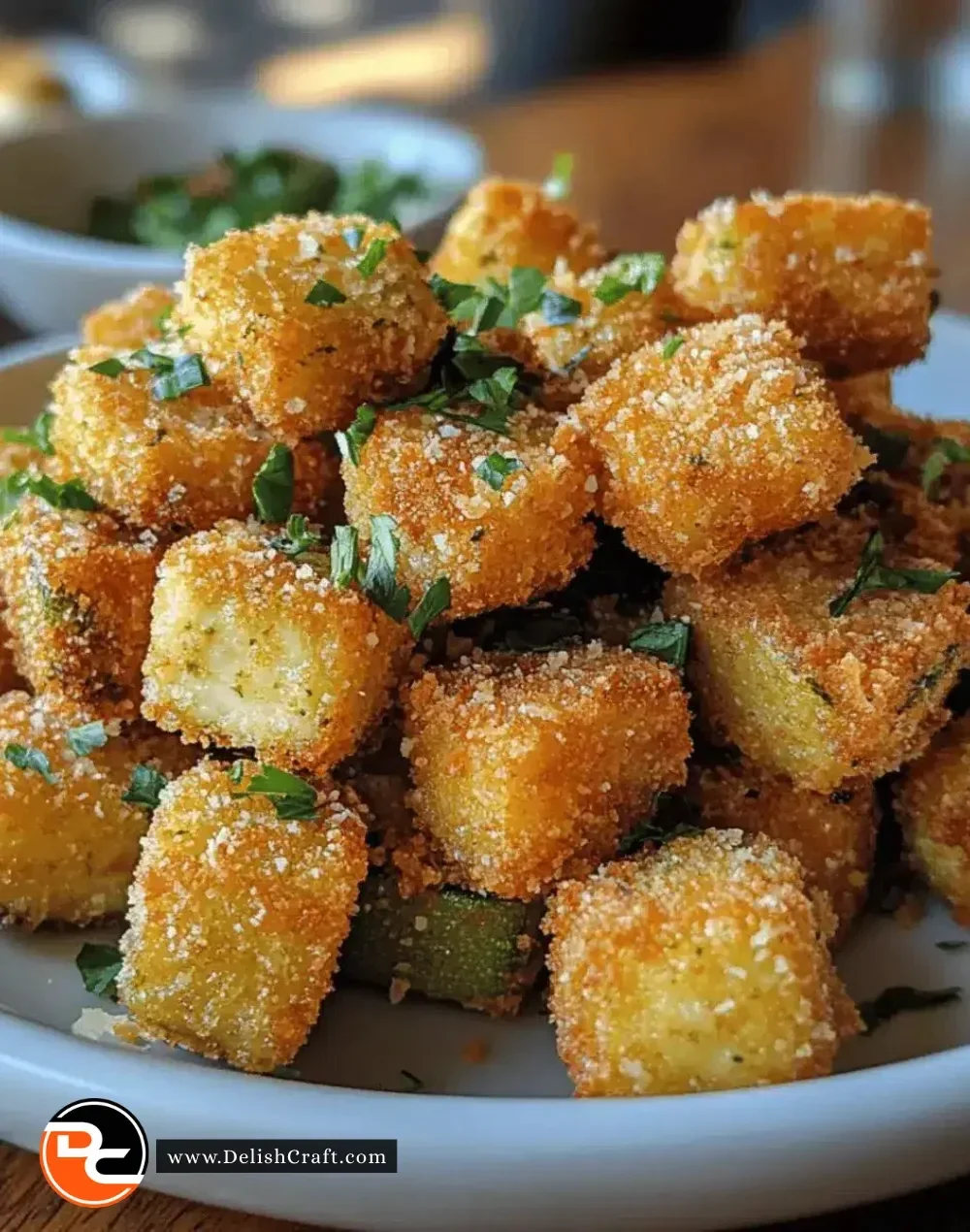 Crispy parmesan zucchini bites served on a plate with dipping sauce