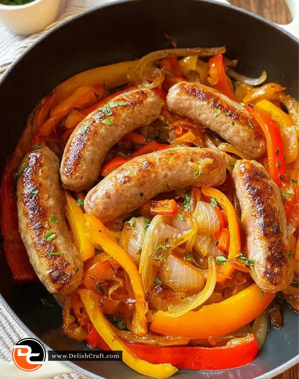 Italian sausage with sautéed peppers and onions on a plate