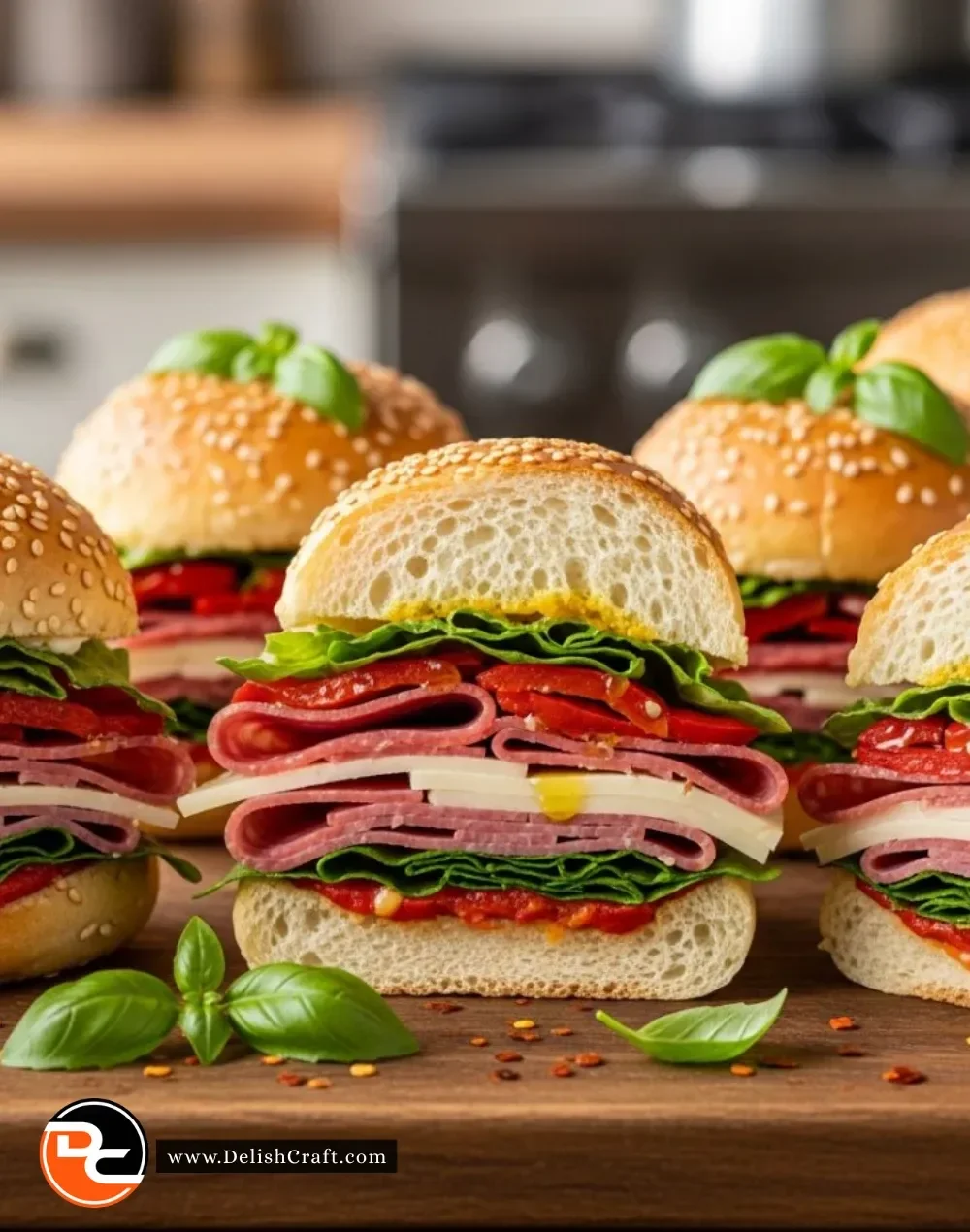 Italian Sub Sliders on a platter garnished with herbs and vegetables