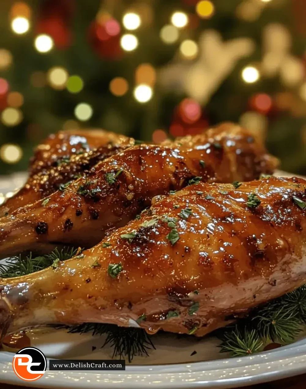 Juicy honey-glazed turkey legs served on a festive table for Christmas dinner.
