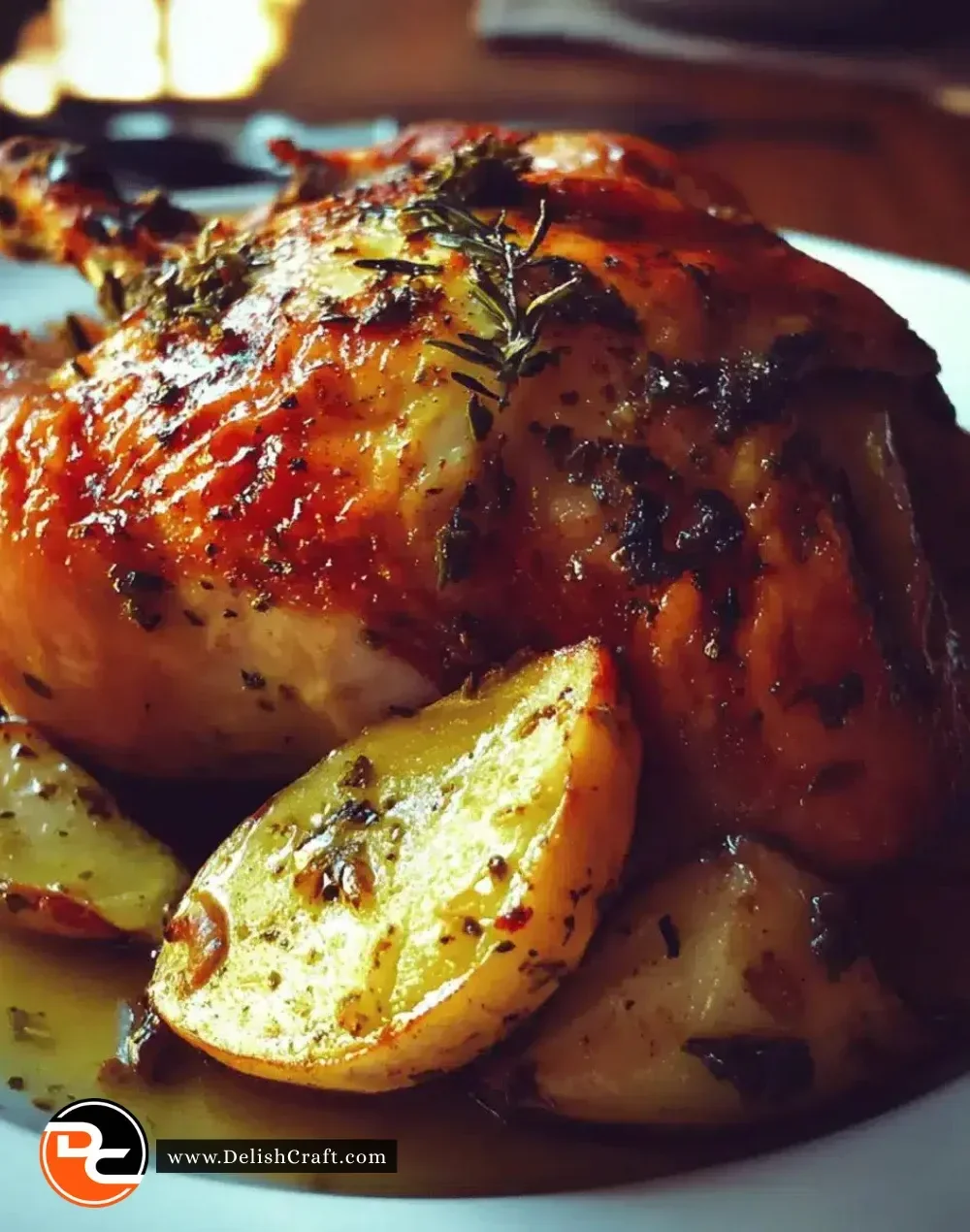 Juicy herb-rubbed roast chicken with golden skin and savory pan drippings