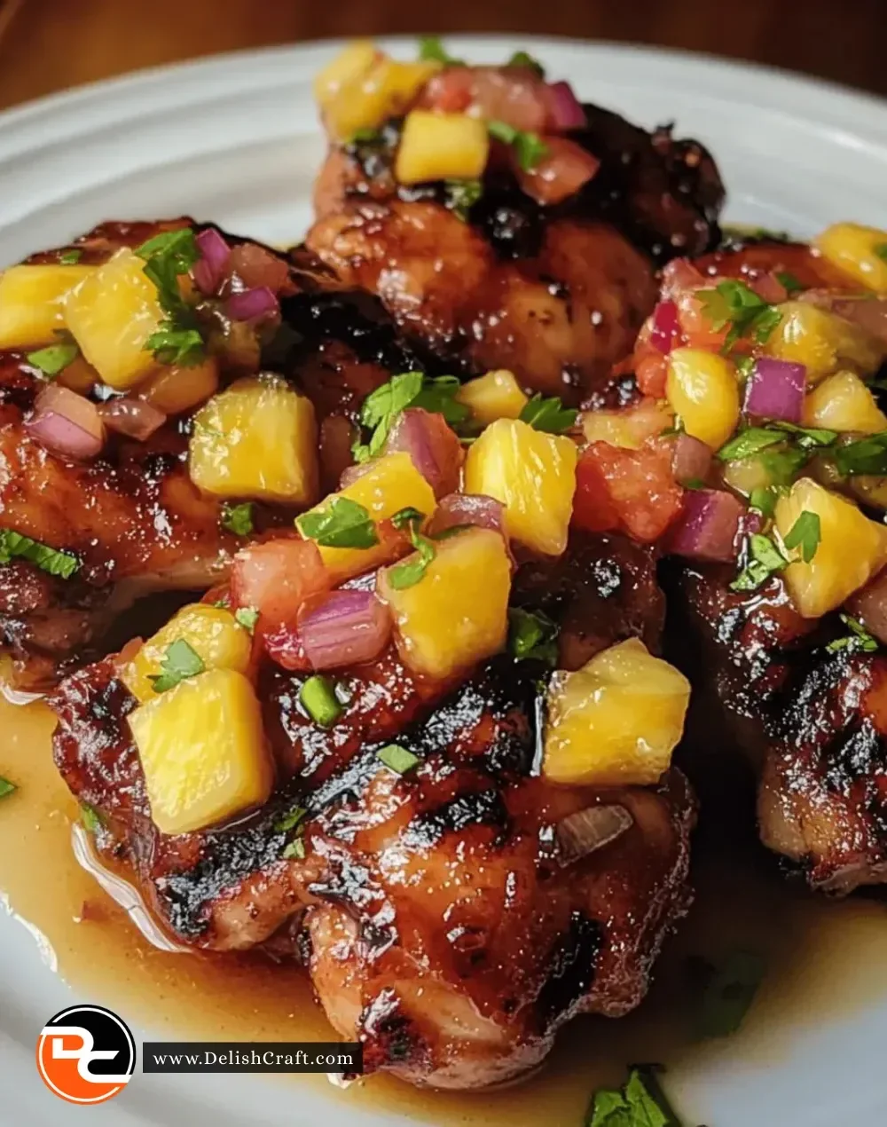 Juicy teriyaki chicken thighs served with pineapple salsa
