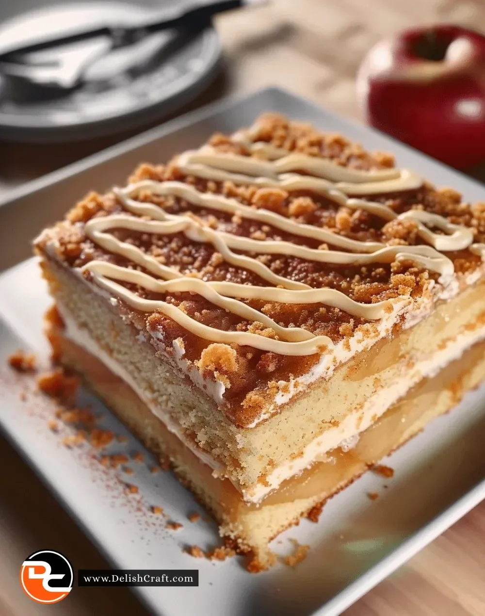 Slice of homemade Kentucky Apple Cake served on a wooden table