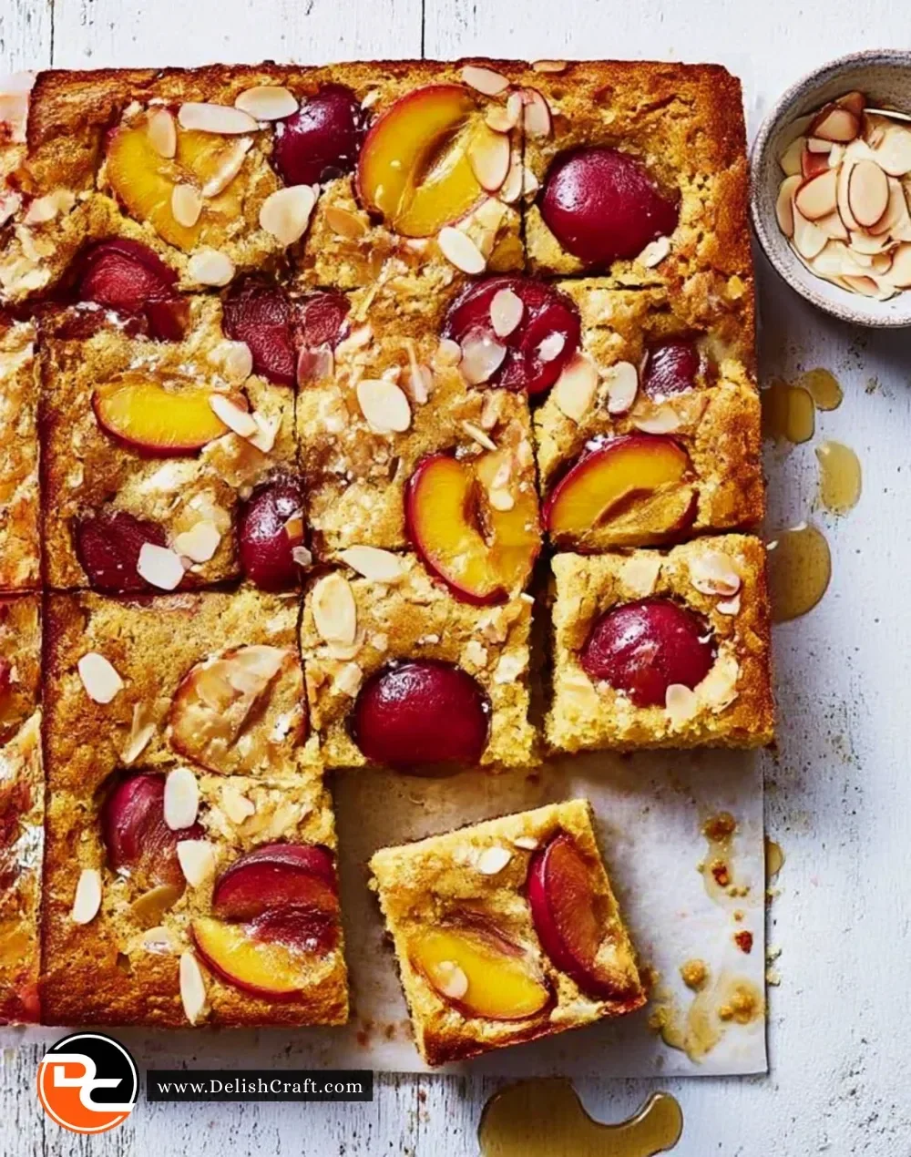 Lighter Plum Almond Traybake on a white plate with fresh plums and almonds