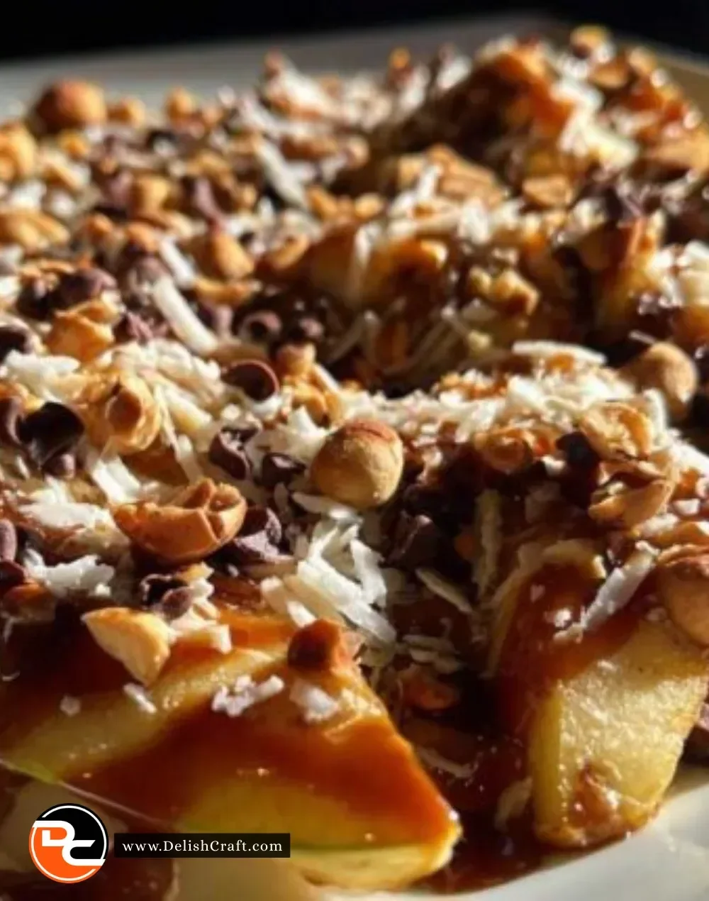 Quick and easy apple nachos topped with caramel and colorful toppings