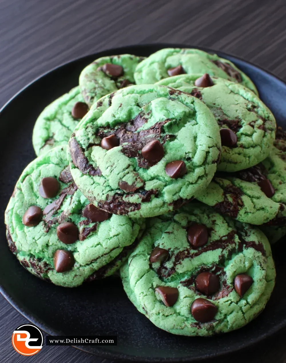 Freshly baked mint chocolate chip cookies with green mint and chocolate chunks