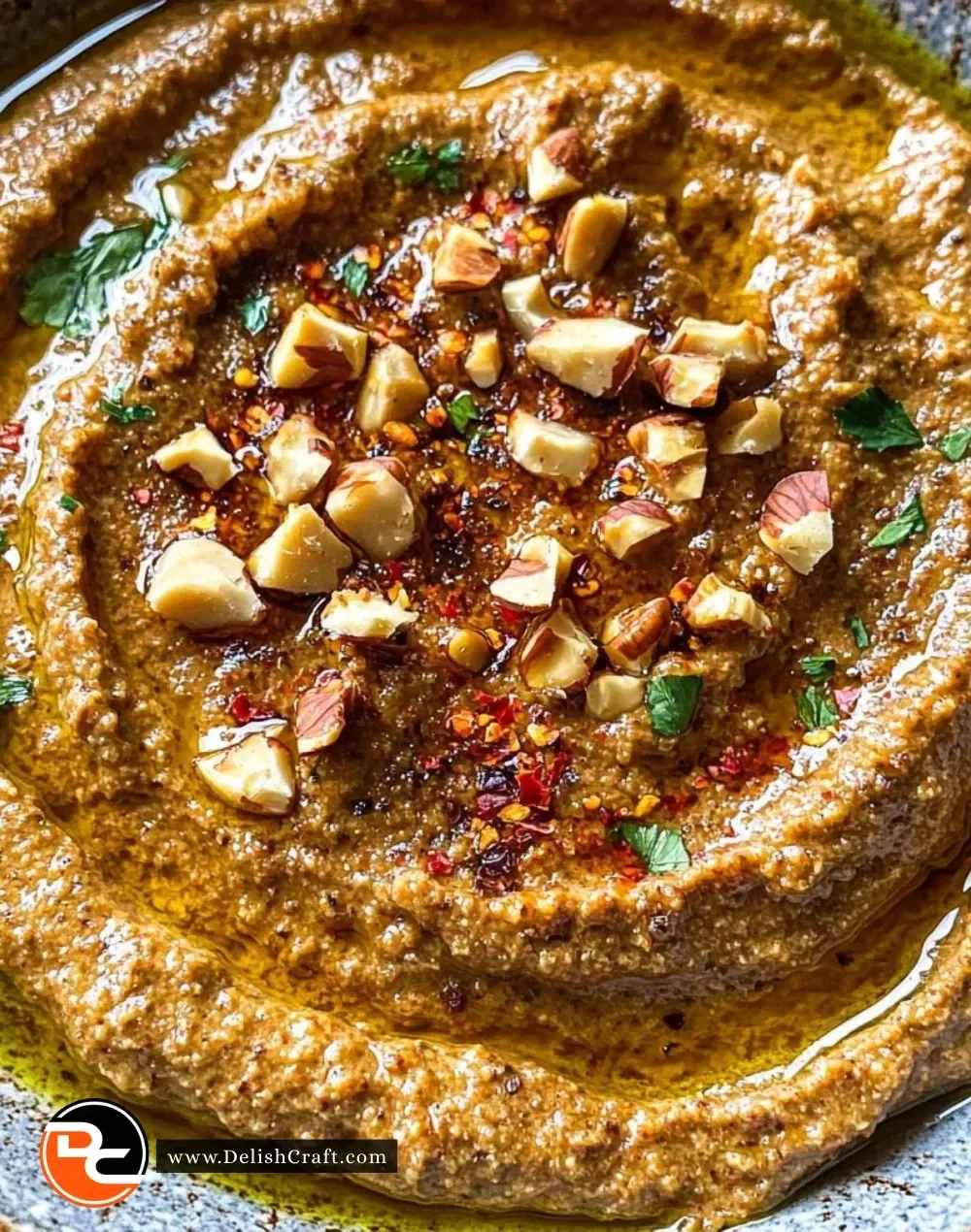 Muchicken Hammara roasted red pepper and walnut dip served in a bowl
