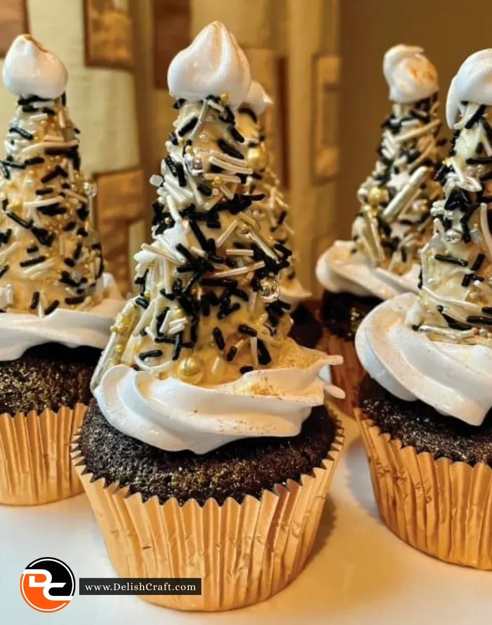 Delicious New Year's Eve celebration cupcakes decorated with festive designs.