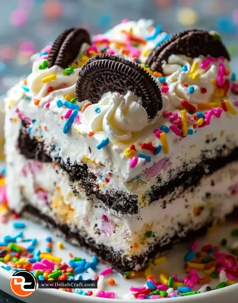 No-Bake Funfetti Oreo Icebox Cake with whipped cream and colorful sprinkles