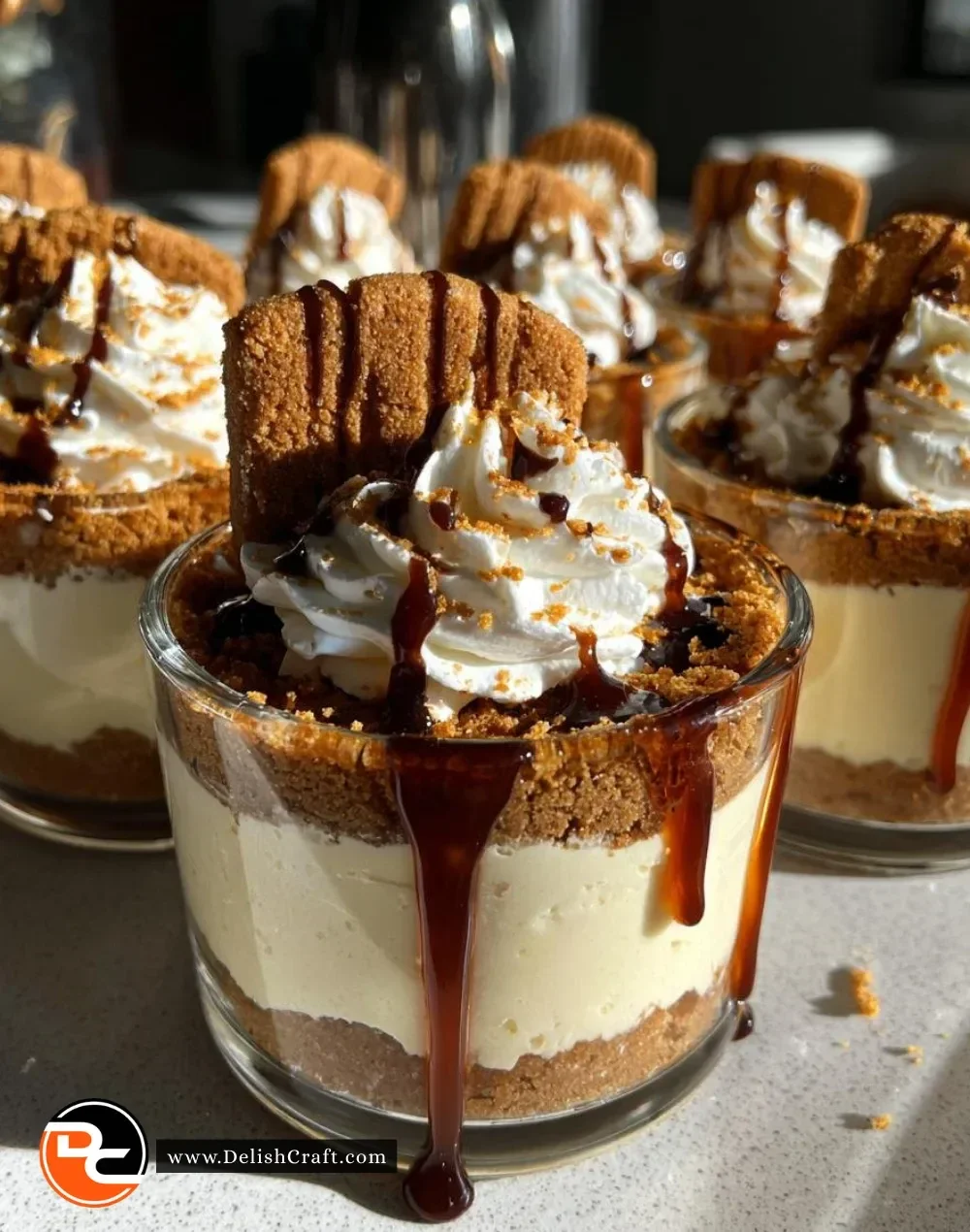No Bake Gingerbread Spice Cheesecake Cups topped with whipped cream and gingerbread crumbs.