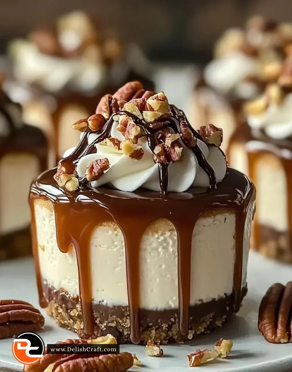 No Bake Turtle Mini Cheesecake topped with caramel and chocolate drizzle