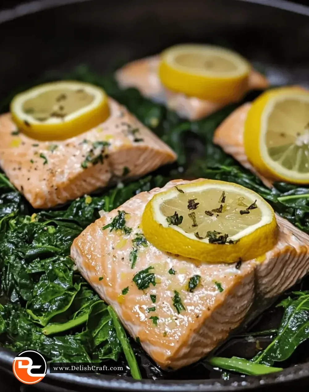 One-Pan Lemon Herb Salmon with Greens dish on a plate garnished with herbs