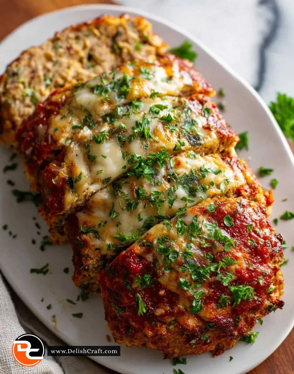 Delicious Parmesan Chicken Meatloaf served on a plate with herbs and sides