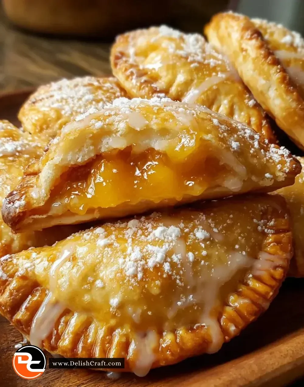 Freshly baked peach hand pies on a cooling rack with flaky crust.