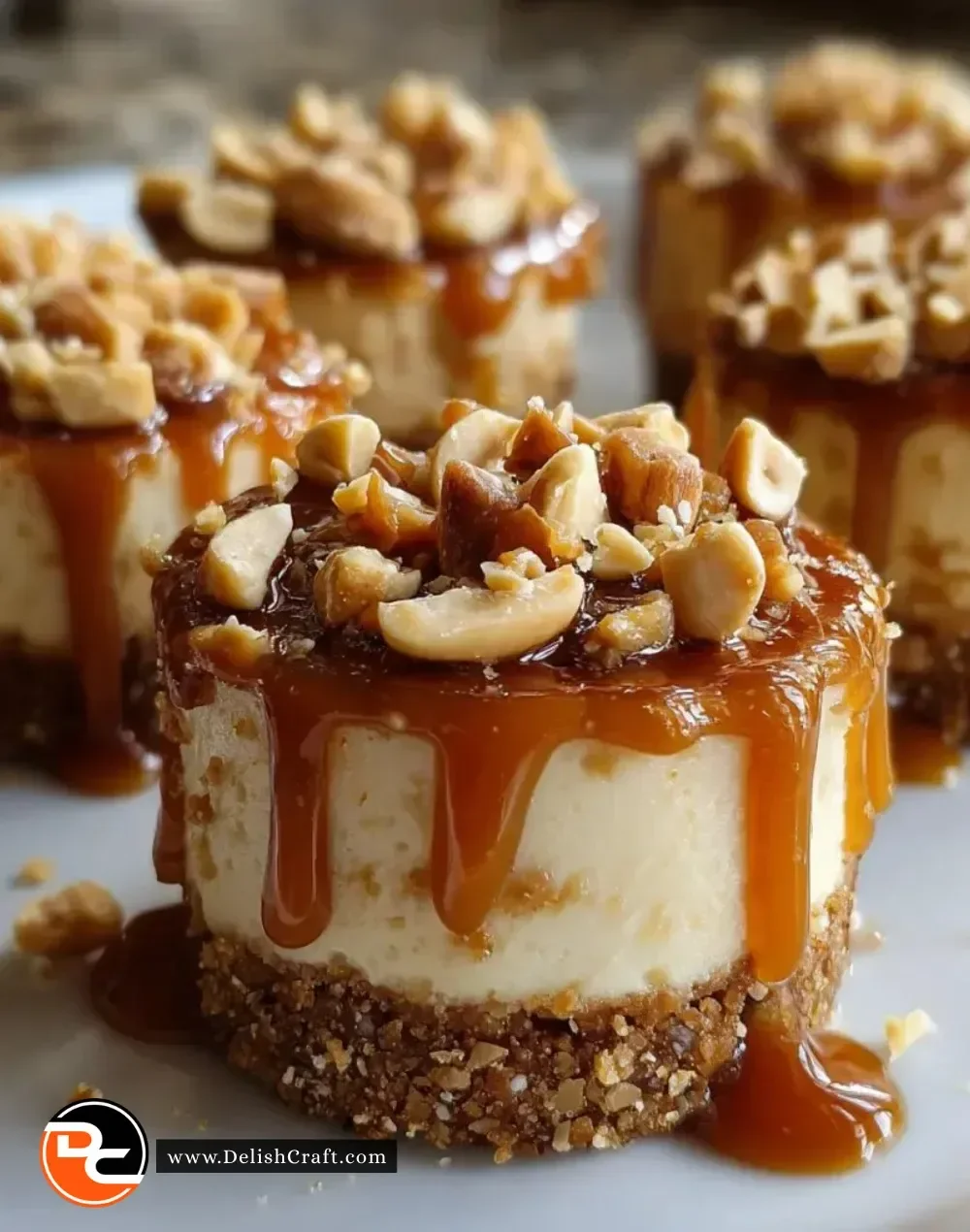 Peanut Butter Caramel Mini treats on a wooden platter