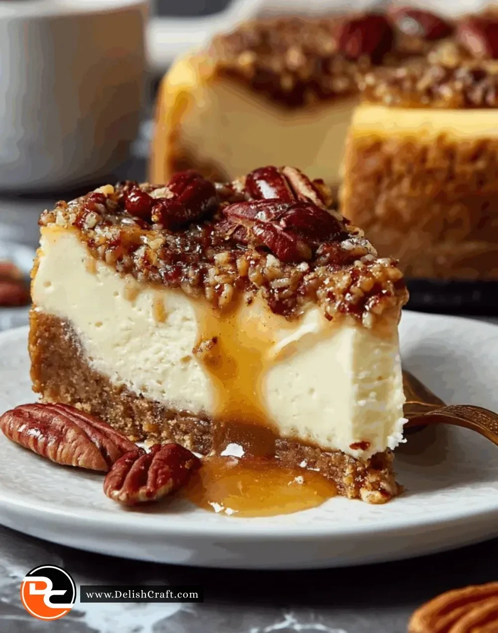 Delicious pecan pie cheesecake topped with caramel and pecans