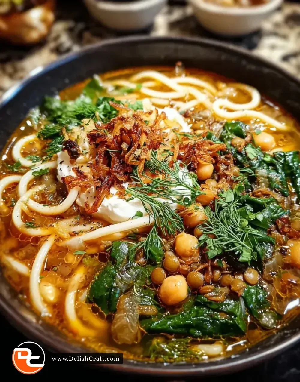 Bowl of steaming Persian noodle soup garnished with herbs and spices.