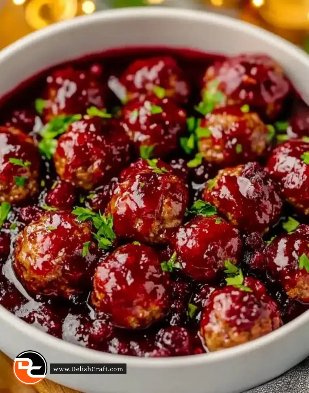 Quick Christmas cranberry meatballs served on a festive platter