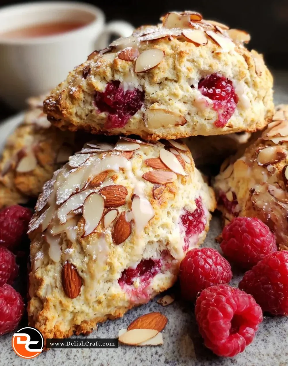 Deliciously baked Raspberry Almond Scones with fresh raspberries and almonds