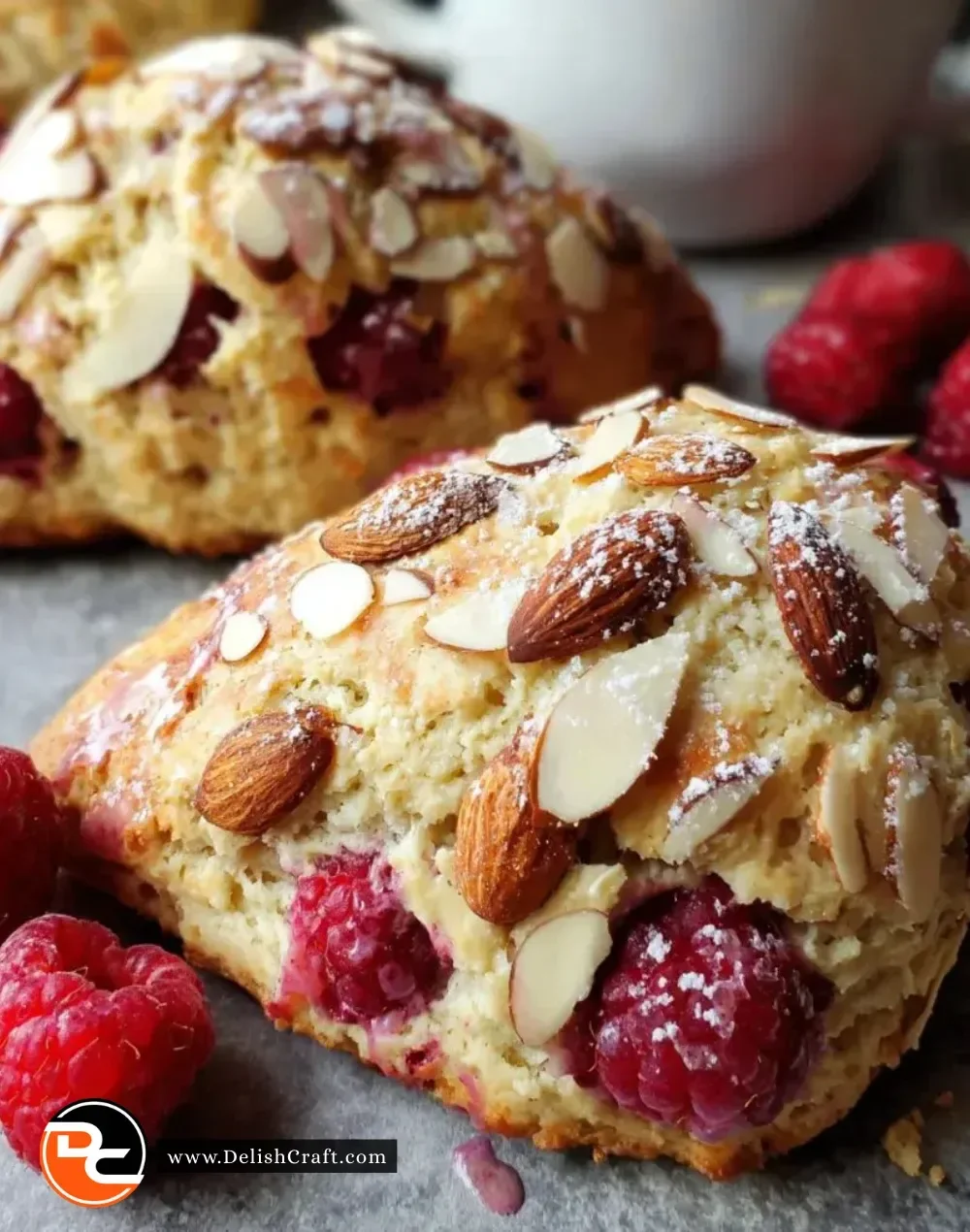 Freshly baked raspberry almond scones on a plate with a cup of tea