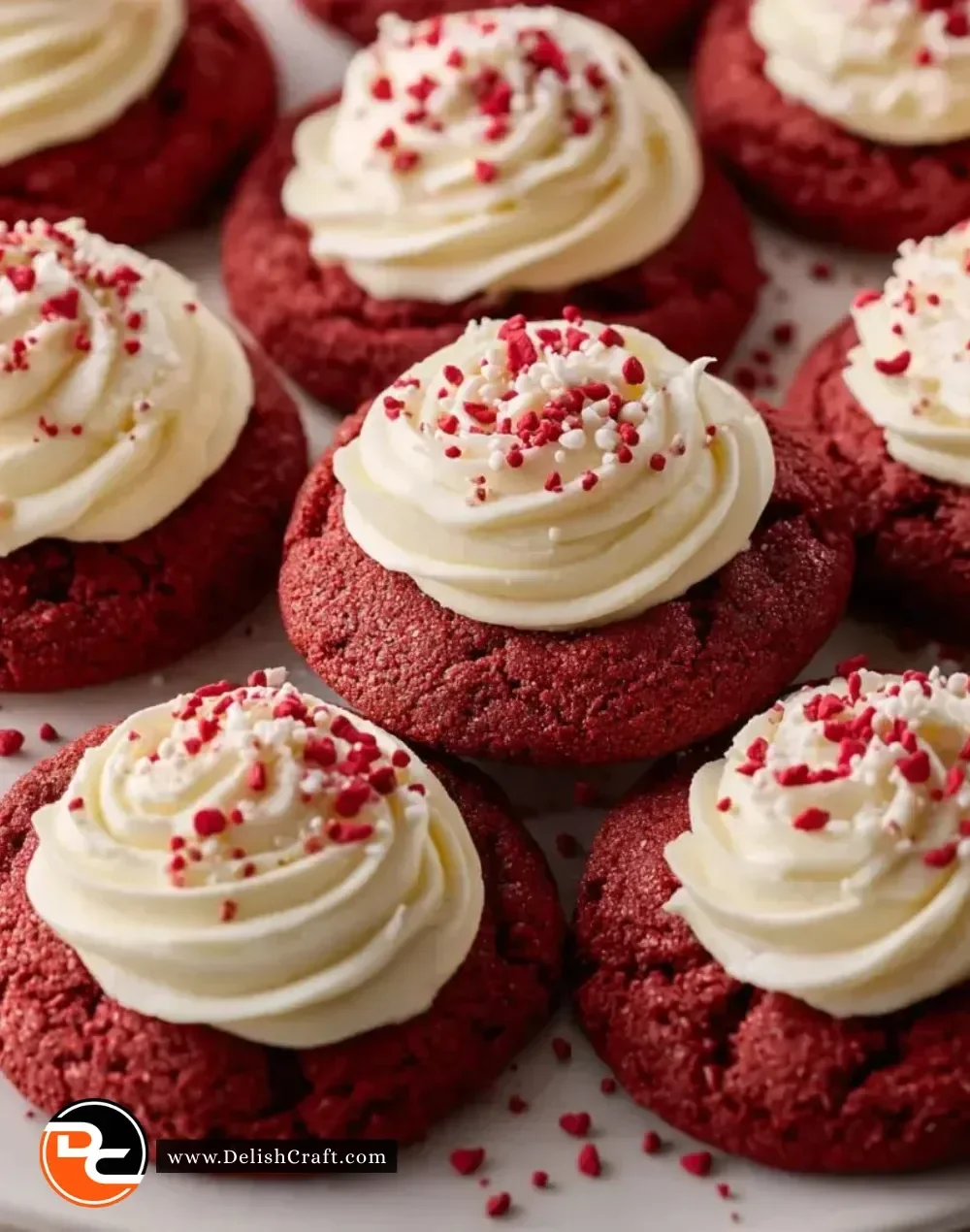 Red velvet cookies decorated with cream cheese frosting on a white plate.
