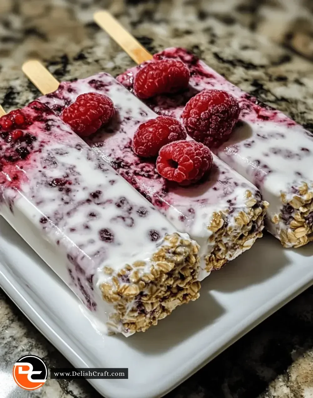 Refreshing mixed berry Greek yogurt pops on a wooden stick