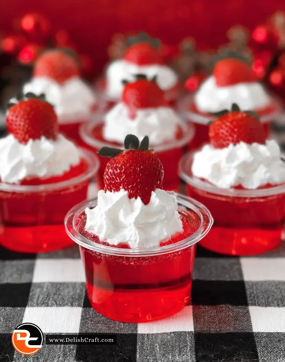 Colorful Santa Hat Jello Shots in festive cups