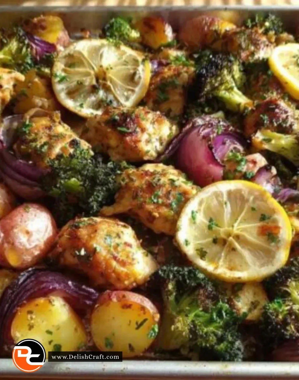Sheet pan featuring lemon herb chicken and colorful vegetables ready to bake.