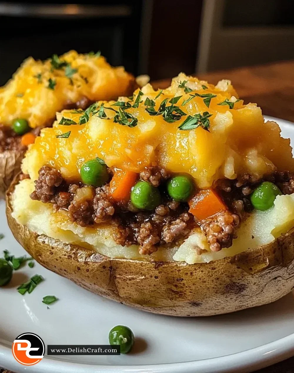 Delicious Shepherd's Pie Baked Potato topped with savory meat and creamy mashed potatoes