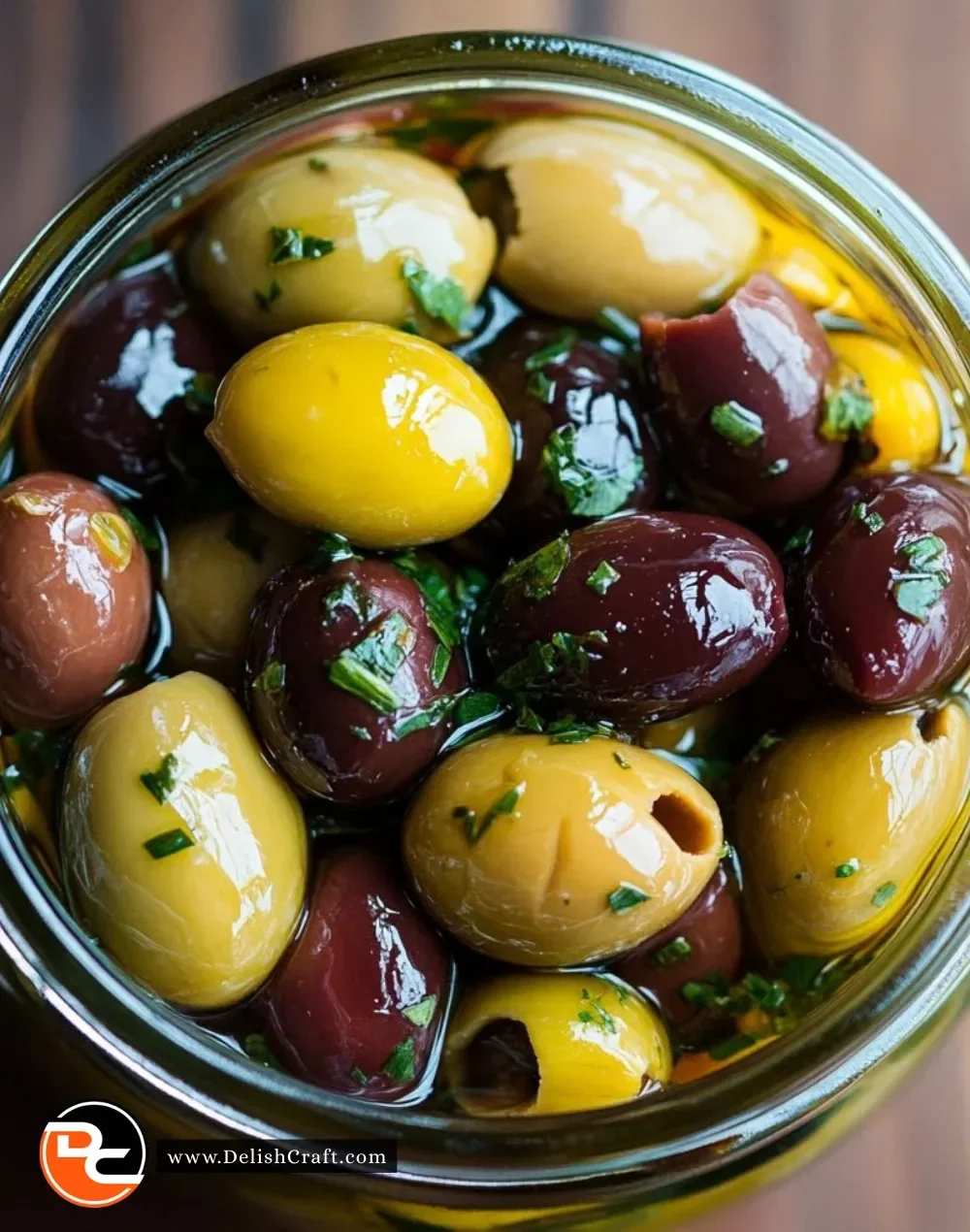 Bowl of simply delicious marinated olives garnished with herbs and spices.