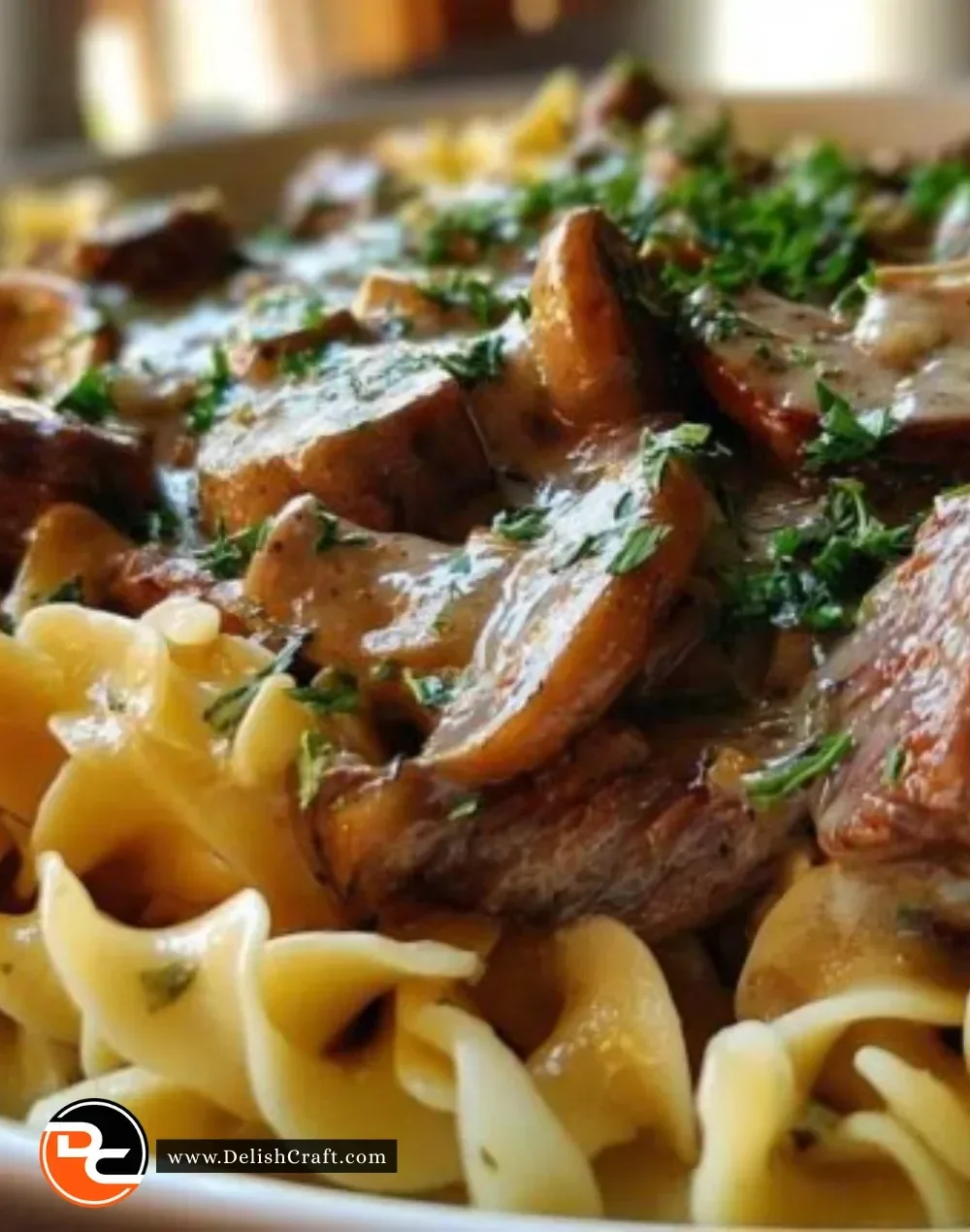 Delicious Speedy Stroganoff served with noodles and garnished with parsley