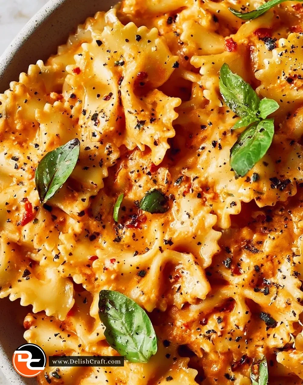 A vibrant bowl of speedy sun-dried tomato pasta garnished with basil and cheese.