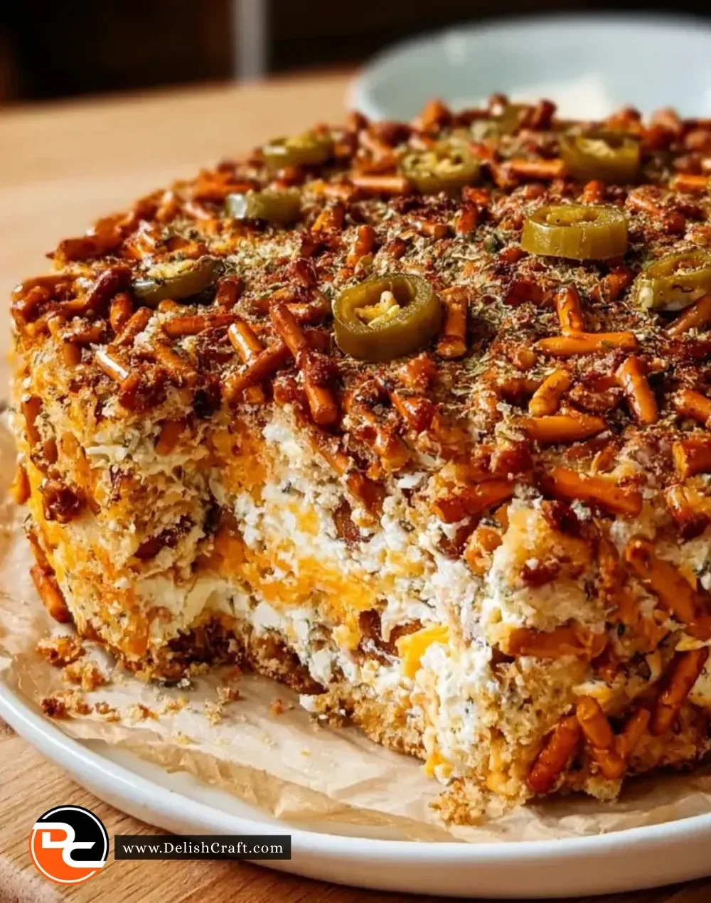 Spicy Ranch Pretzel Cake topped with savory pretzels and ranch flavoring