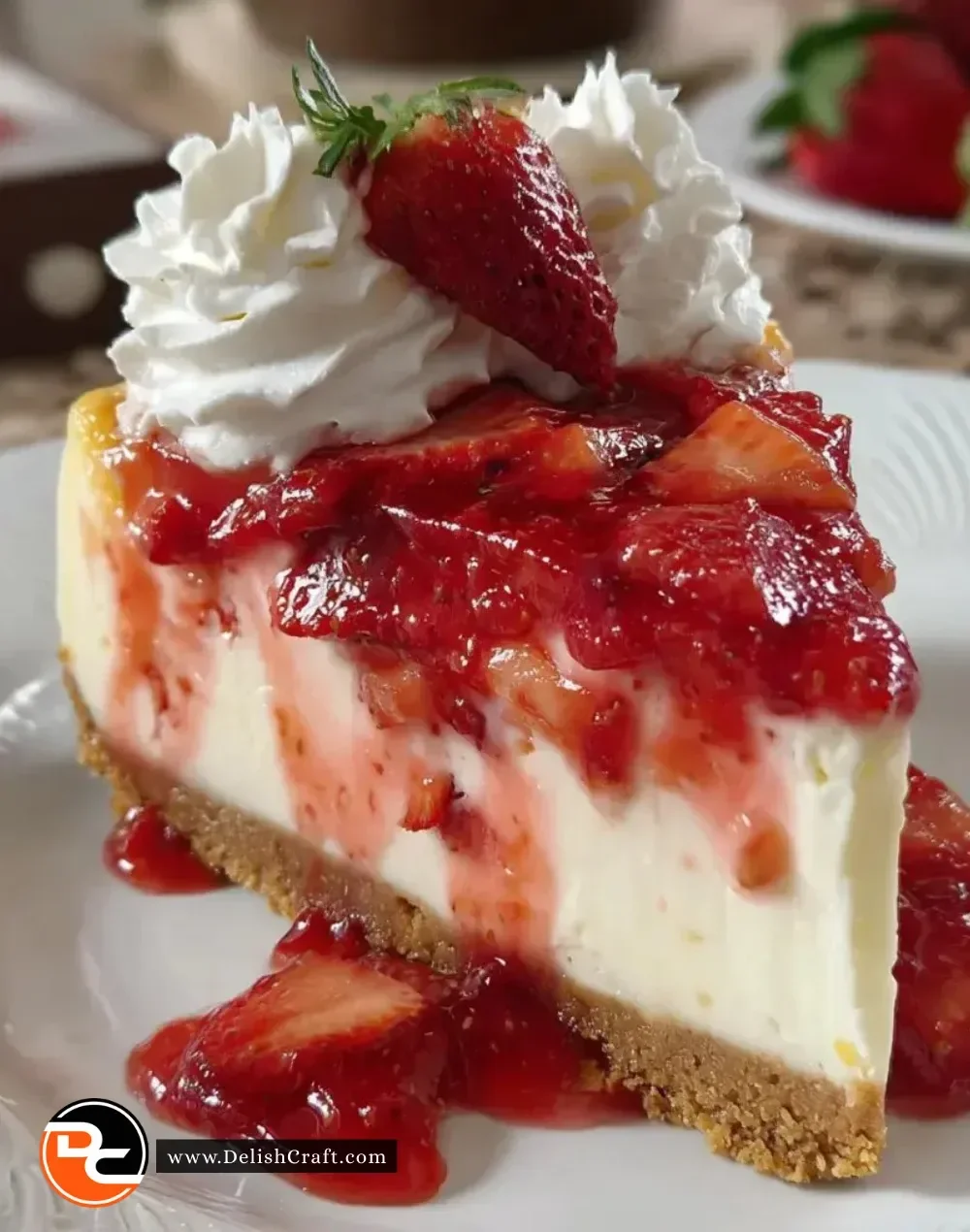 Strawberries and cream cheesecake swirled dessert topped with fresh strawberries