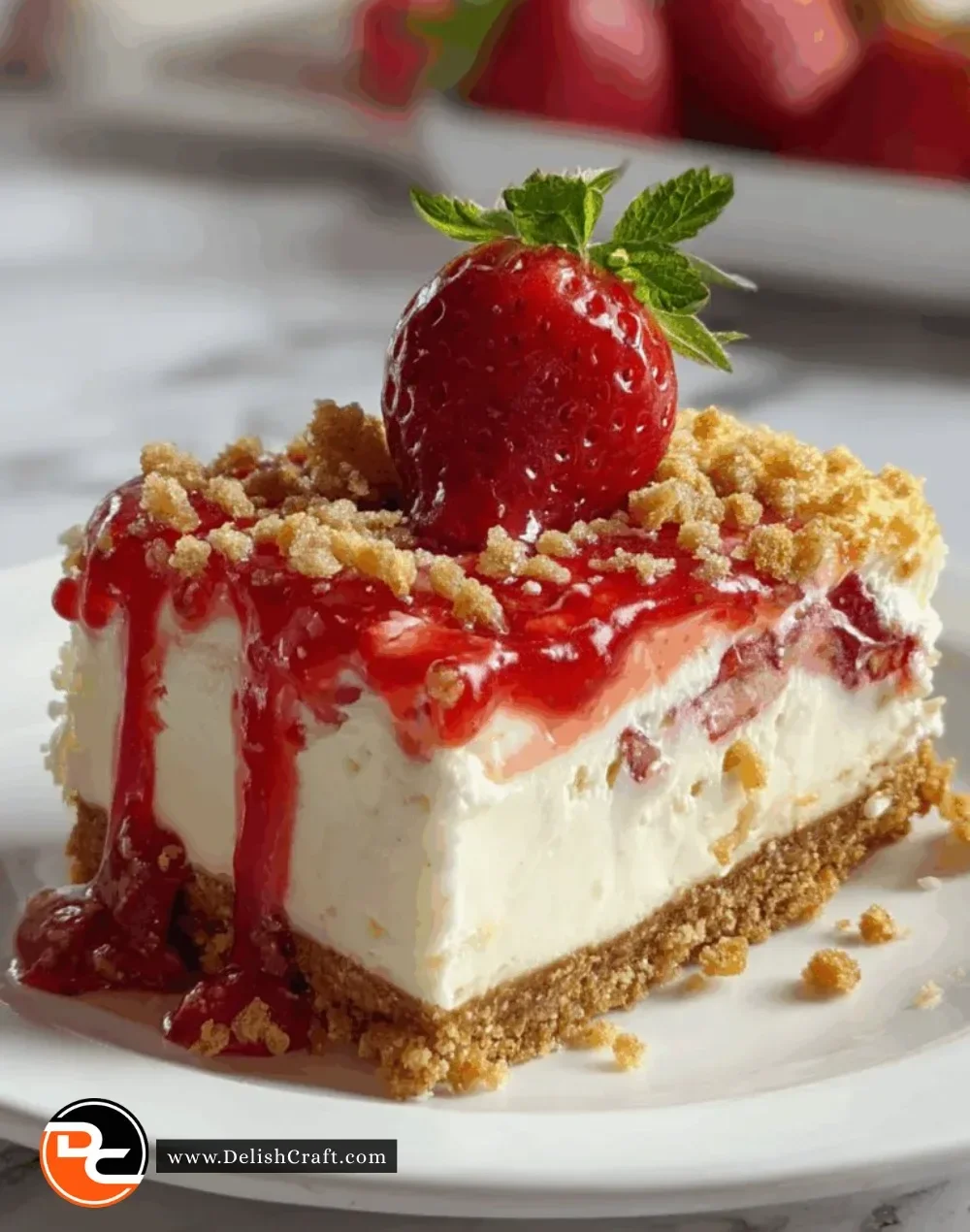 Delicious Strawberry Crunch Cheesecake topped with strawberry and graham cracker crumbs