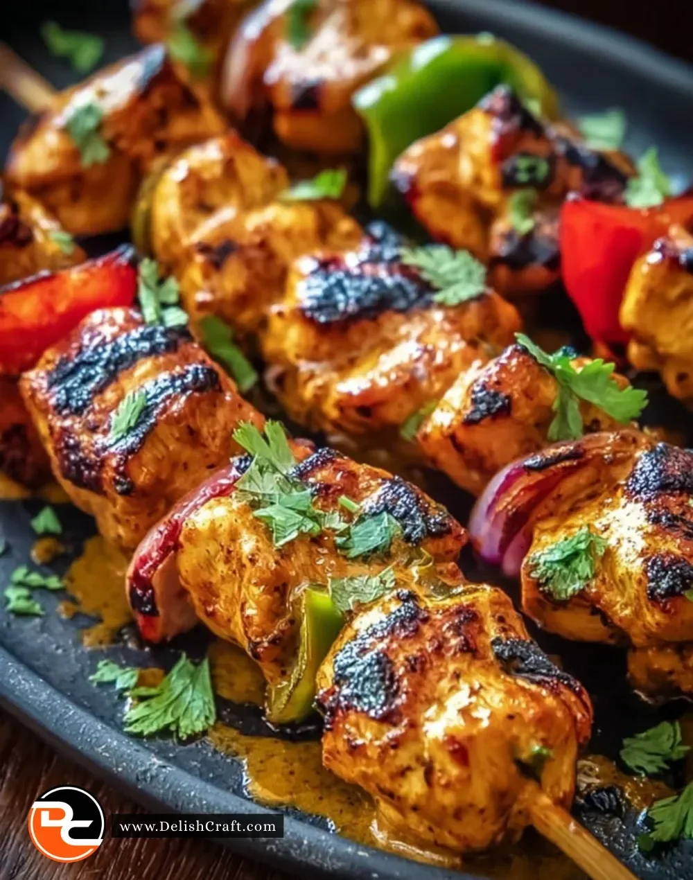 Delicious Thai curry chicken skewers grilled to perfection with vibrant spices.