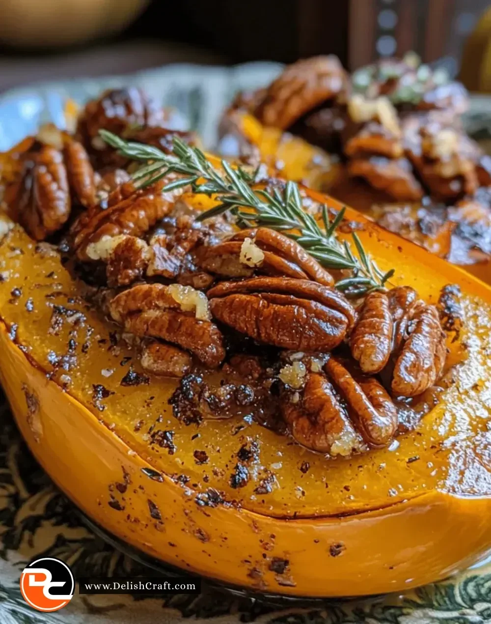 Maple Pecan Roast Butternut Squash served on a Thanksgiving dining table