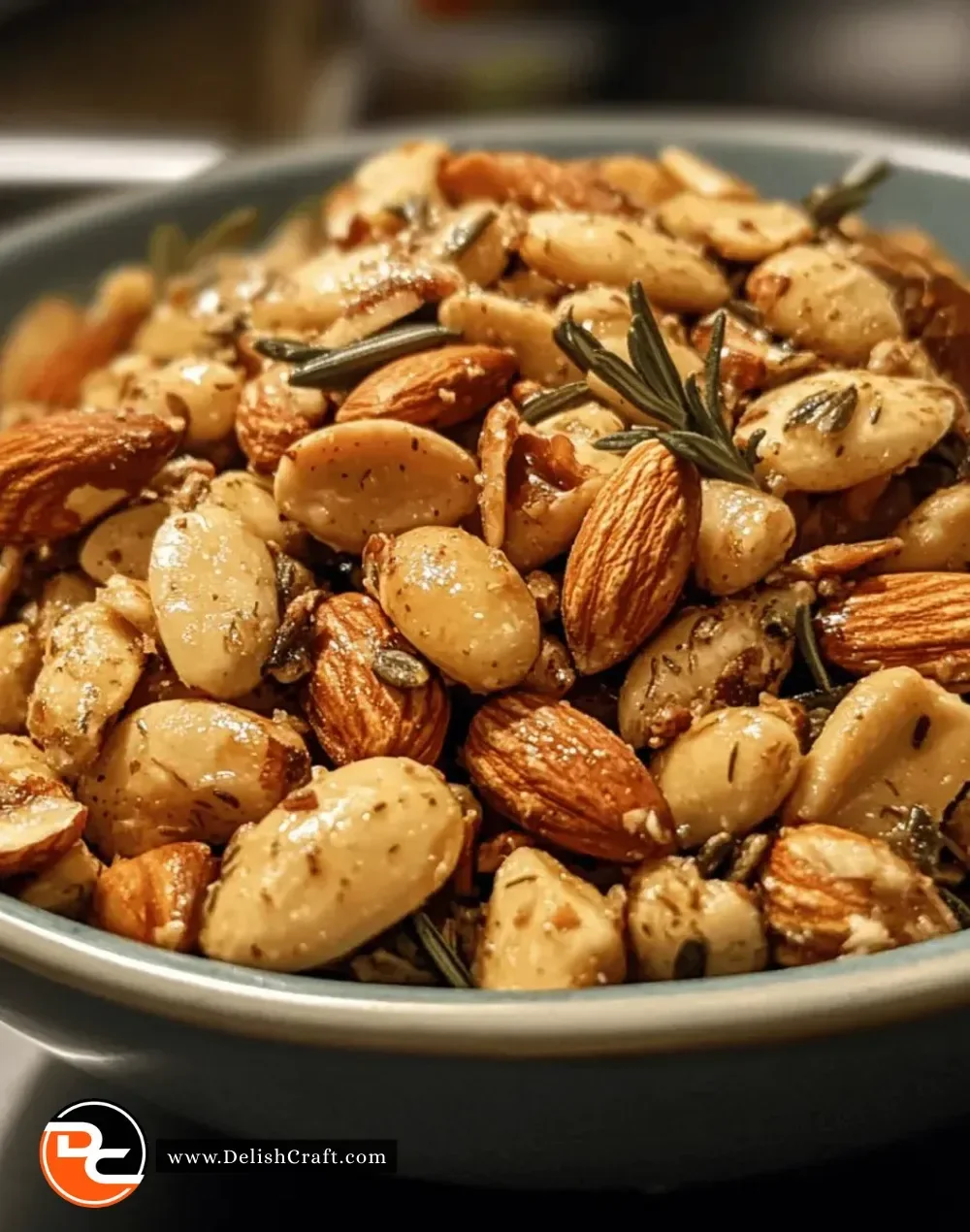 Delicious honey rosemary almond snack mix in a bowl.