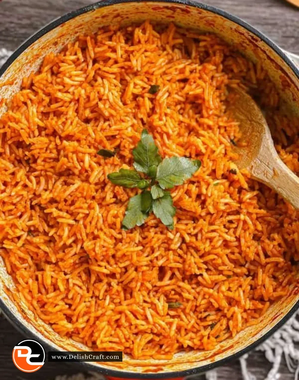 A delicious serving of Jollof Rice, vibrant and full of spices.
