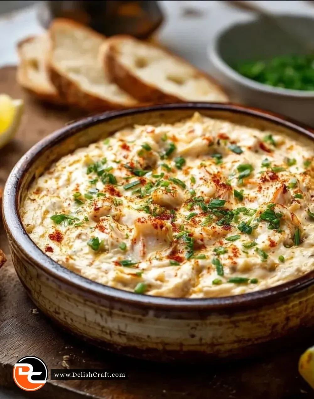 Bowl of ultimate creamy crab dip served with crackers and garnished with herbs